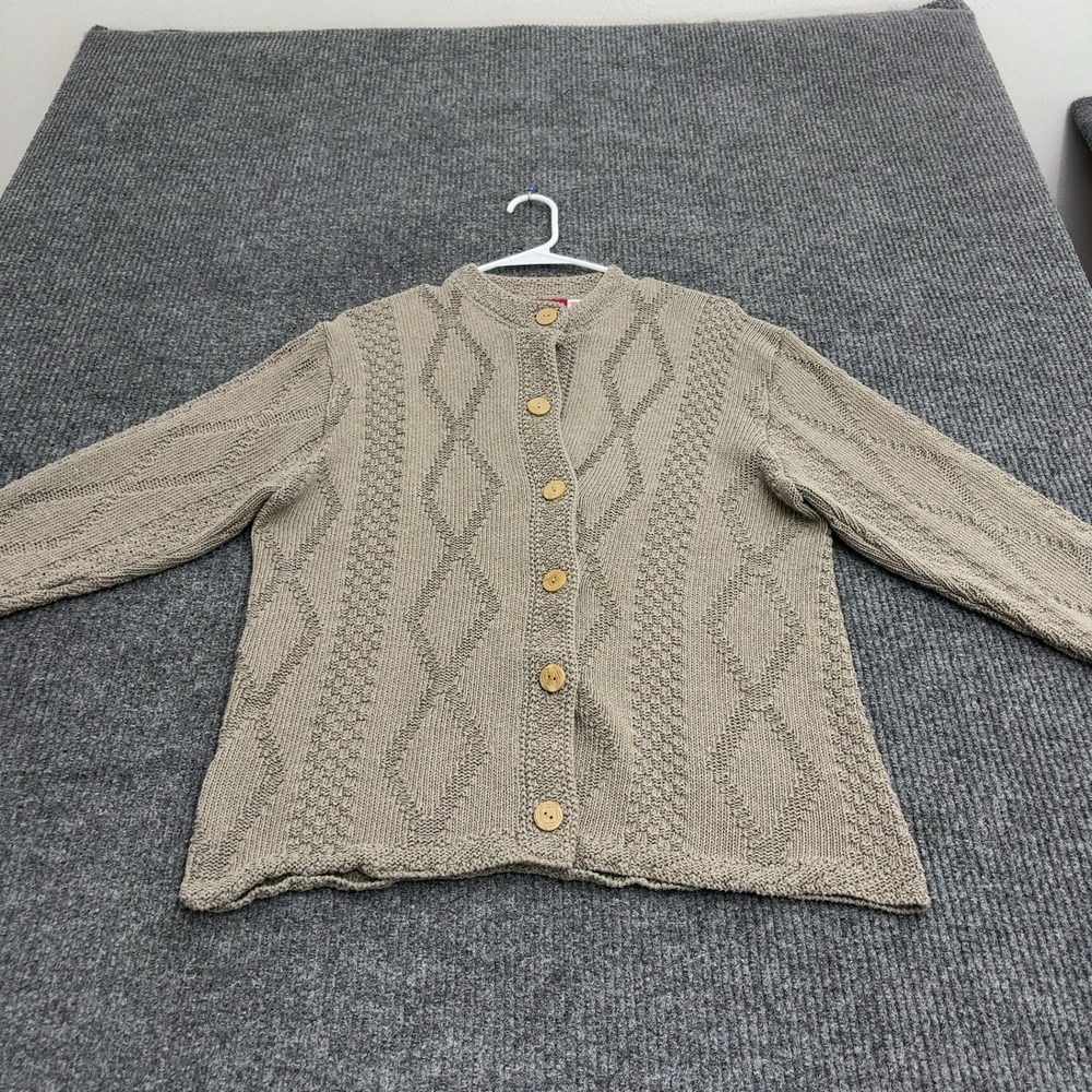 Binghamton Knitting Co Cardigan Womens M Beige Cotton Cable Knit Casual Style